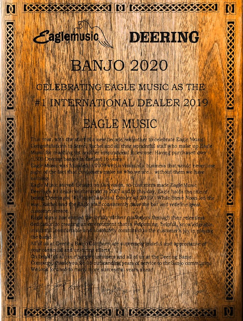 Deering award 13 Year plaque at banjo 2020 to Eagle Music 